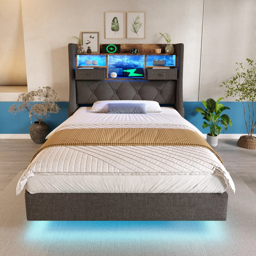 Letto singolo 90 × 200 cm 1 posto con LED regolabile; testiera contenitore; 3 USB e Type-C; senza materasso; grigio