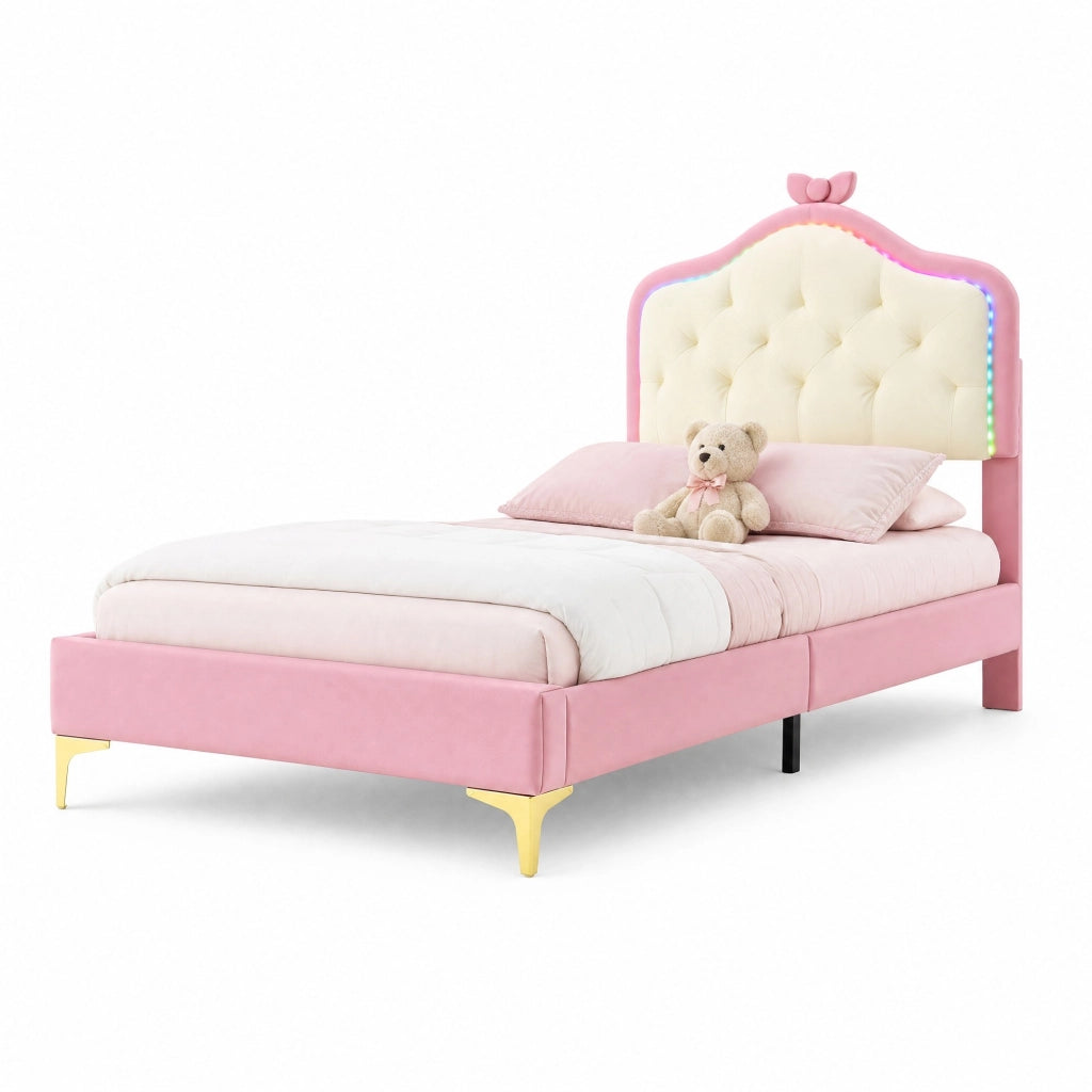 Letto singolo imbottito 90x200 cm rosa e bianco con LED multicolore