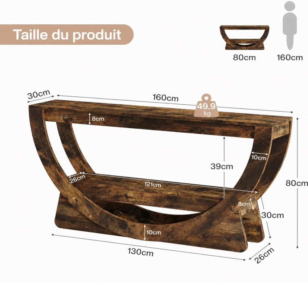 Mobile TV 160 x 30 x 80 cm in MDF marrone rustico, 2 livelli, stile country