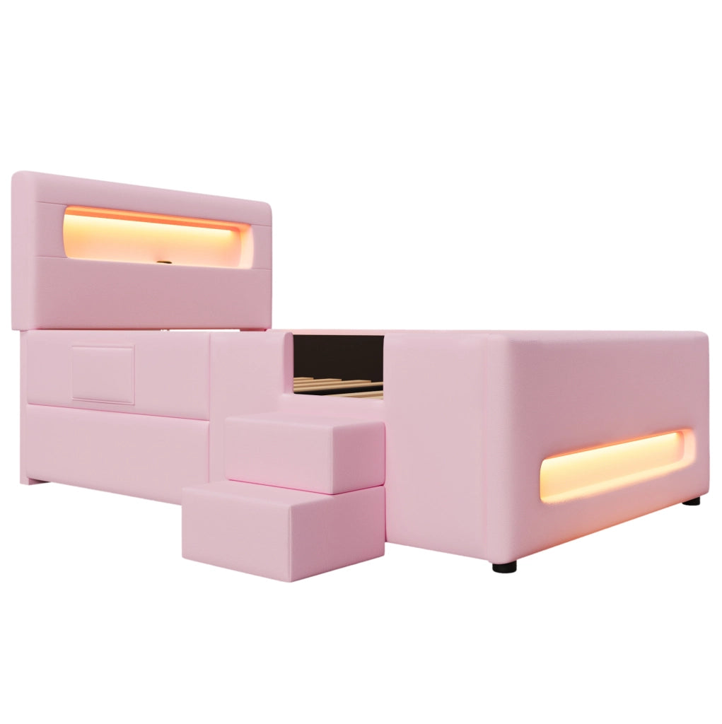 Letto piattaforma imbottito rosa 90x200 cm con scale, cassetti, luci LED e tasche portaoggetti