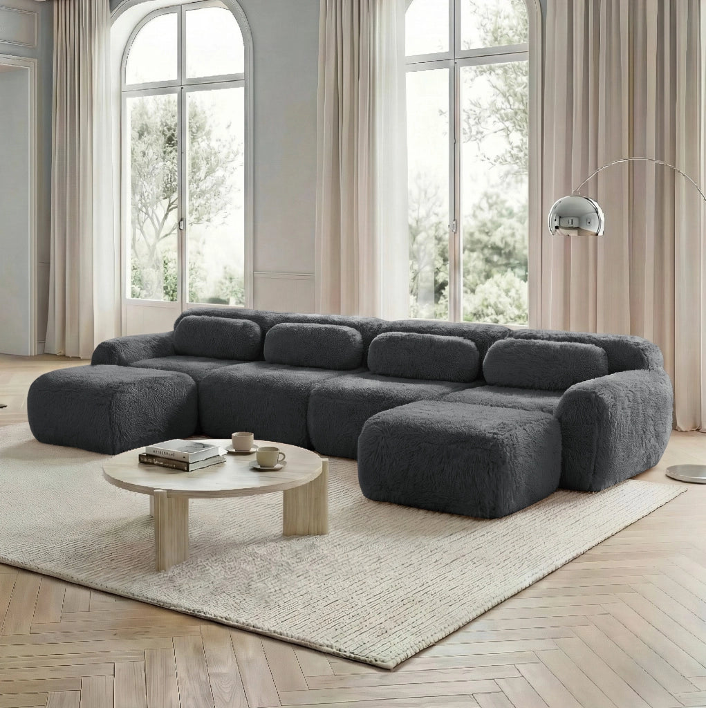 Divano modulare 4 posti in tessuto peluche grigio, configurazione U o L, senza montaggio