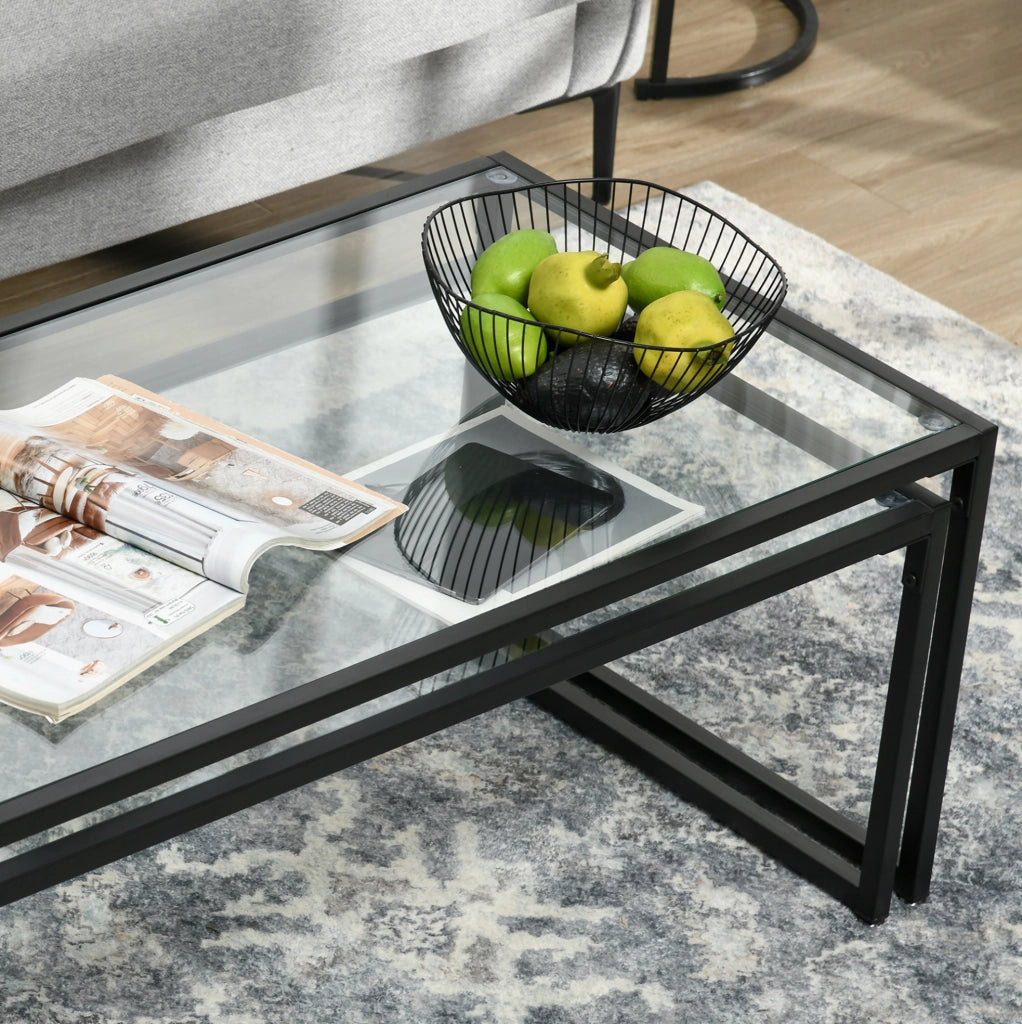 Tavolini da salotto impilabili set di 2 119x56x44,5 cm vetro temprato acciaio nero
