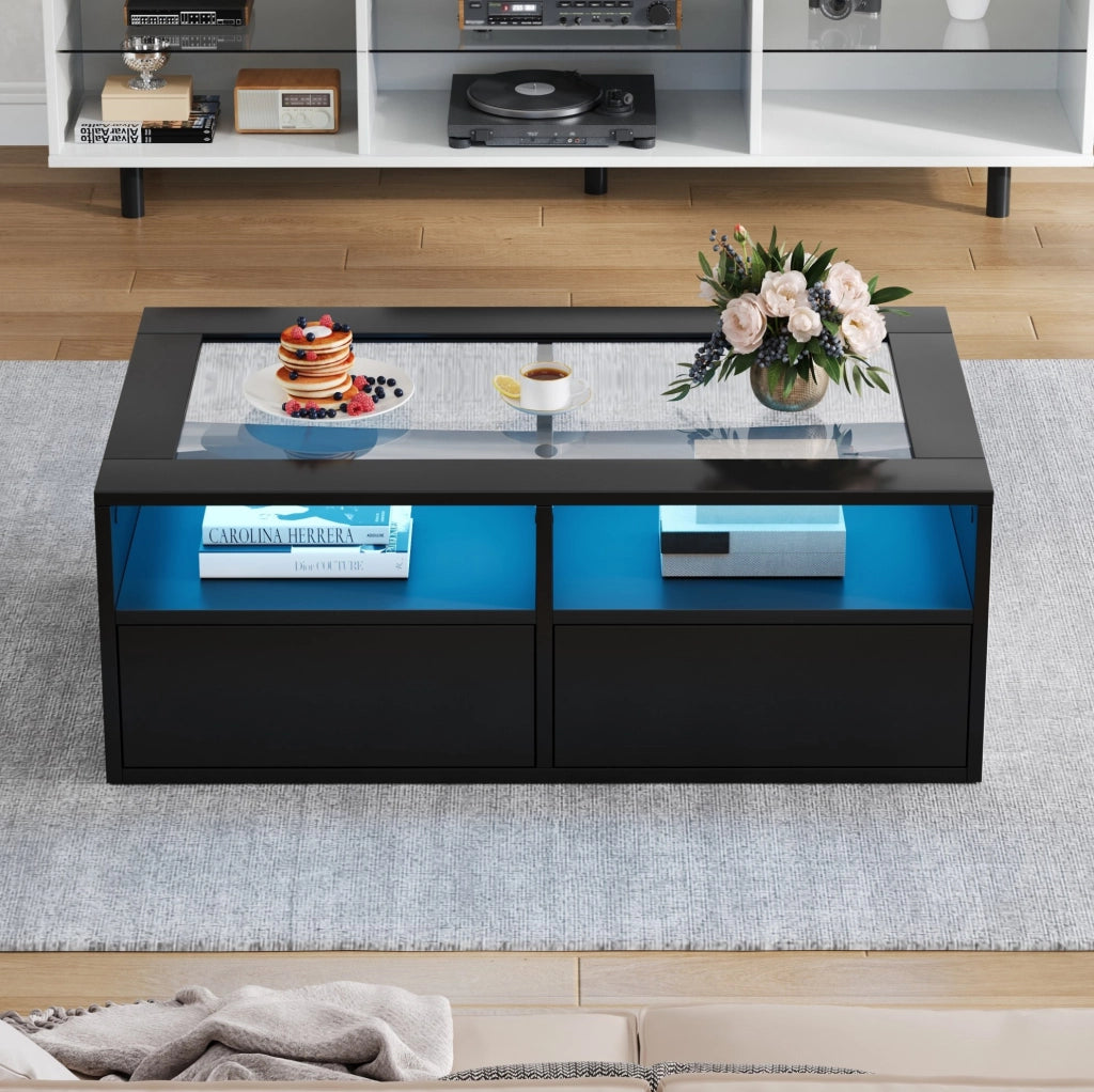 Tavolino da caff¨¨ 100x50x35 cm con LED, vetro temperato e 2 cassetti nero