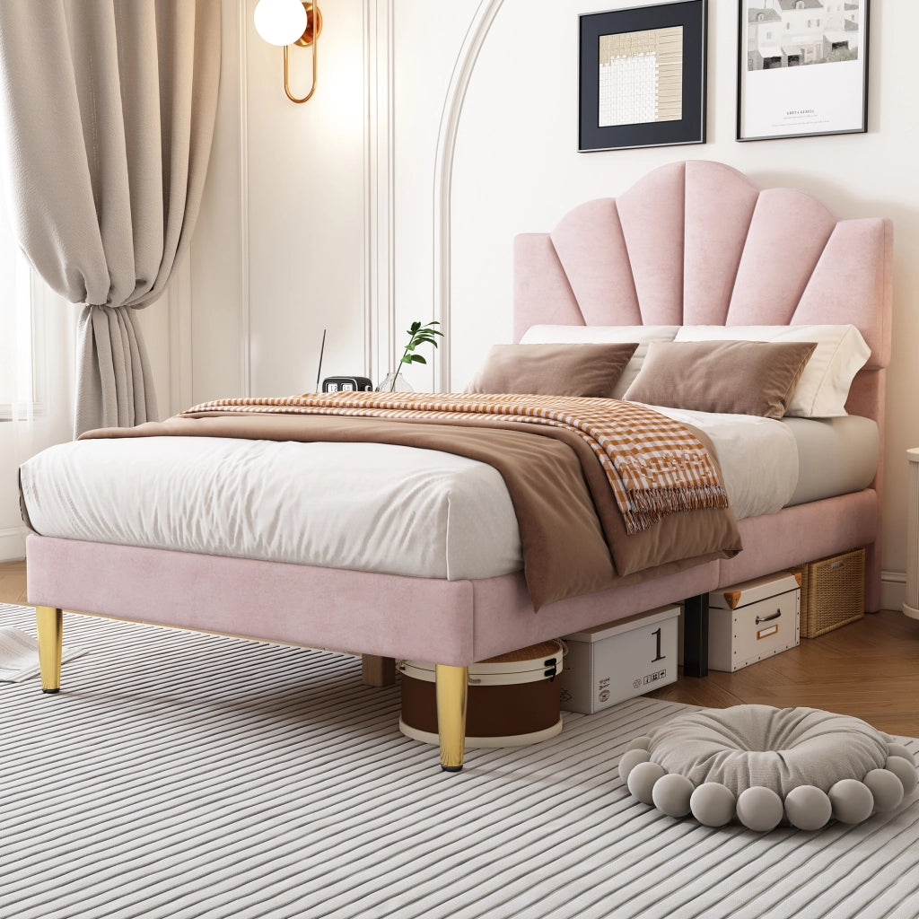 Letto imbottito in velluto rosa 90x200 cm con testiera regolabile e gambe dorate