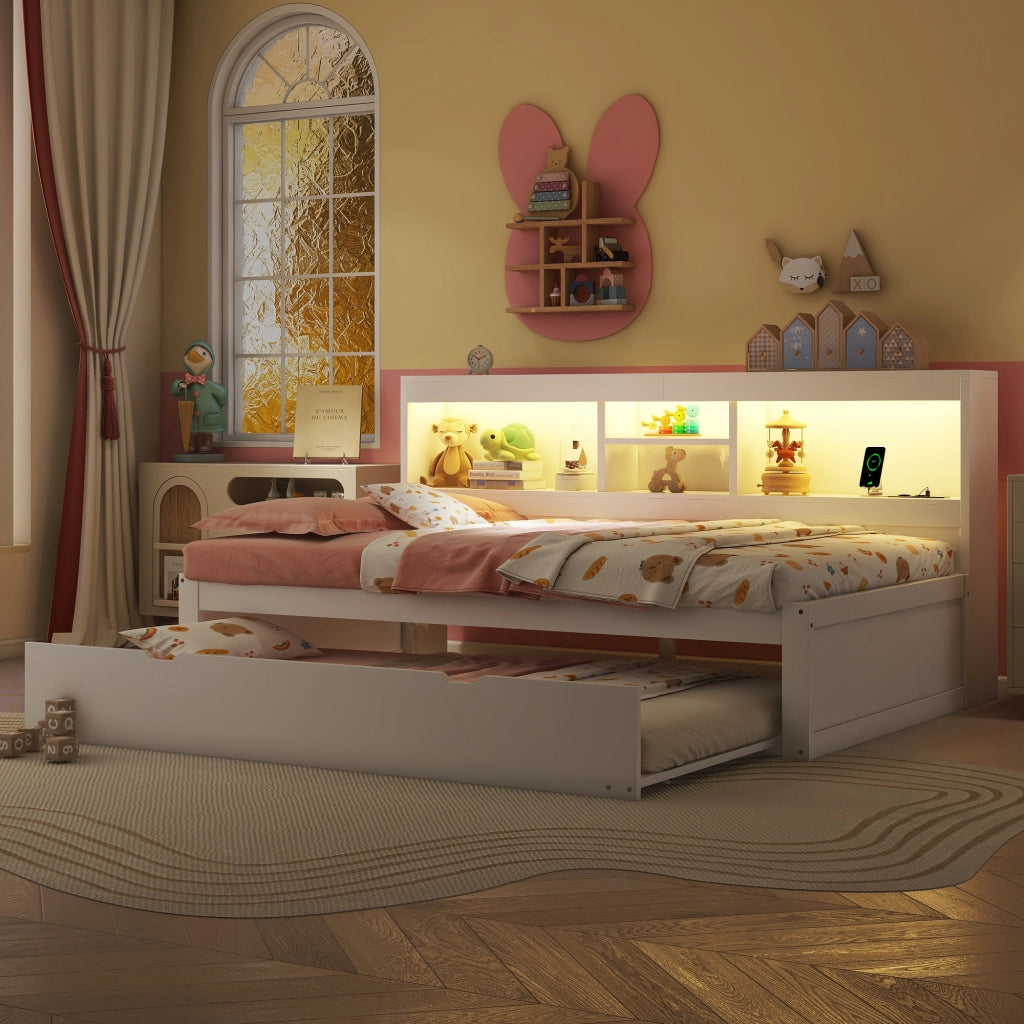 Letto con letto estraibile 90 × 200 cm con LED telecomandato prese USB vano laterale bianco