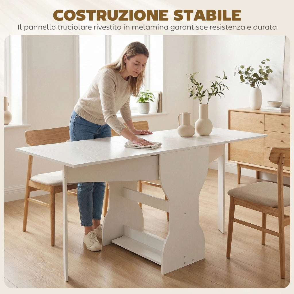 Tavolo da Pranzo Pieghevole 160x60x75 cm per 4 Persone con Ripiano in Legno Bianco