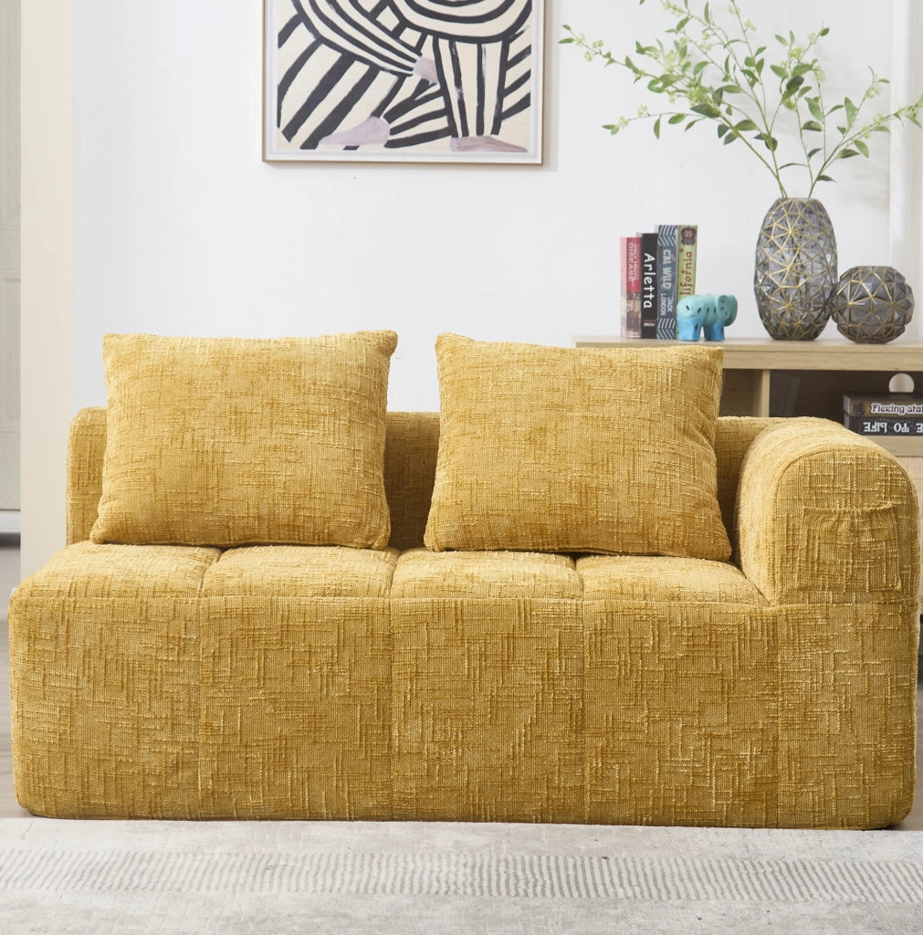 Divano 2 posti con chaise longue, tessuto chenille giallo, con cuscino e tasche laterali