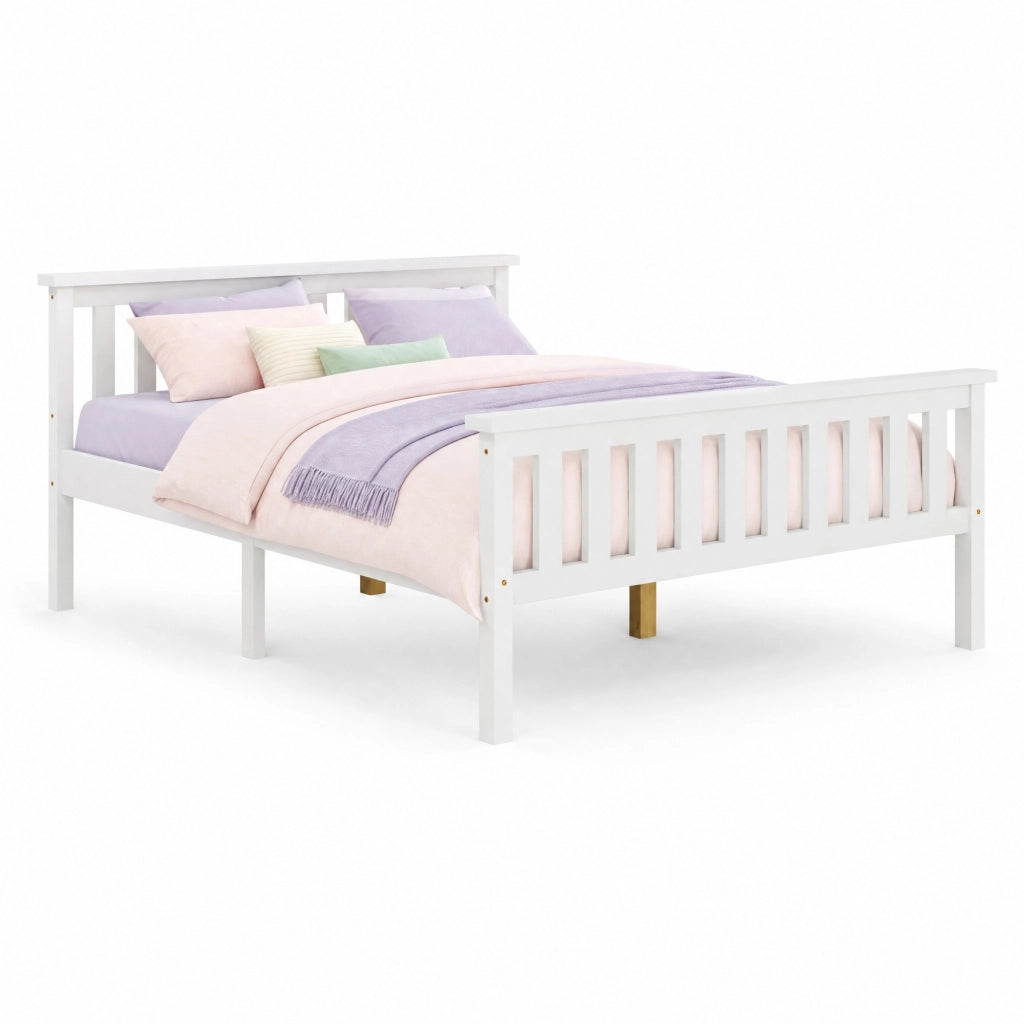 Letto matrimoniale in legno massiccio di pino 140x200 cm con rete a doghe, bianco