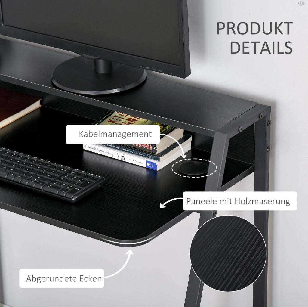 Scrivania per computer nera in metallo con ripiano e gestione cavi 84x45x85 cm per ufficio e studio
