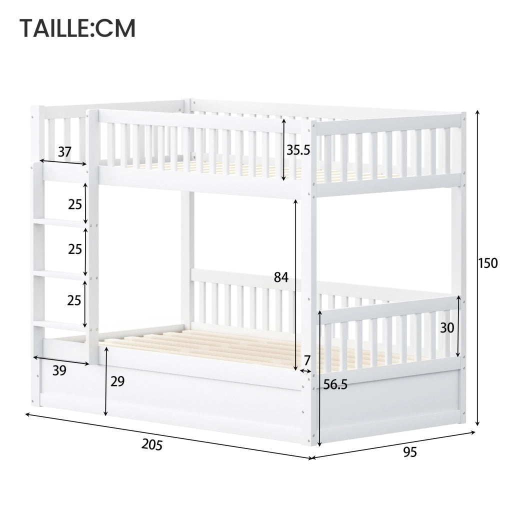 Letto a castello 90×200 cm con vano contenitore idraulico, senza materasso, in legno bianco