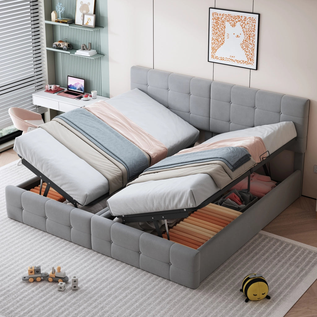 Letto con contenitore 180 × 200 cm trasformabile in due letti 90 × 200 cm con rete a doghe velluto grigio