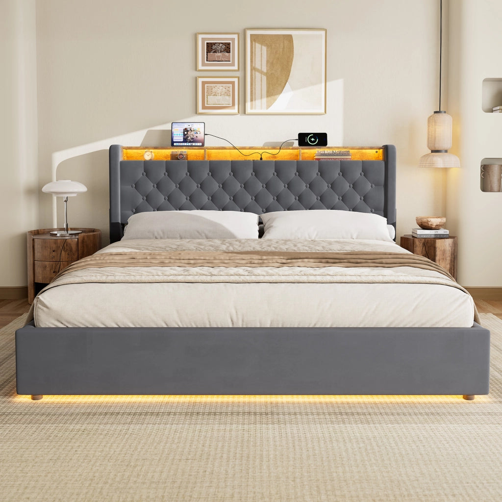 Letto contenitore matrimoniale 180x200 cm;LED;vano contenitore;presa elettrica;testiera reclinabile;base imbottita;grigio scuro;materasso escluso