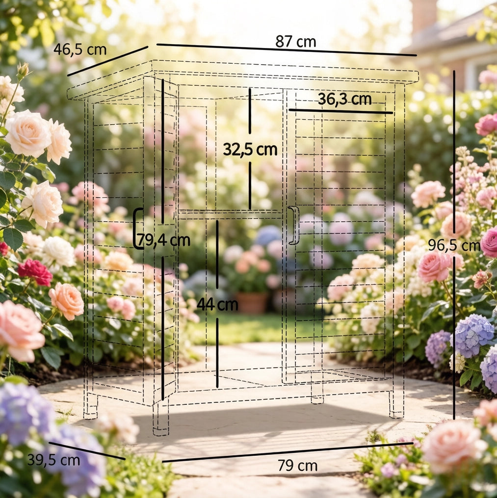 Armadio da esterno in legno di abete giallo con tetto impermeabile, 87x46,5x96,5 cm, spazio per attrezzi da giardino