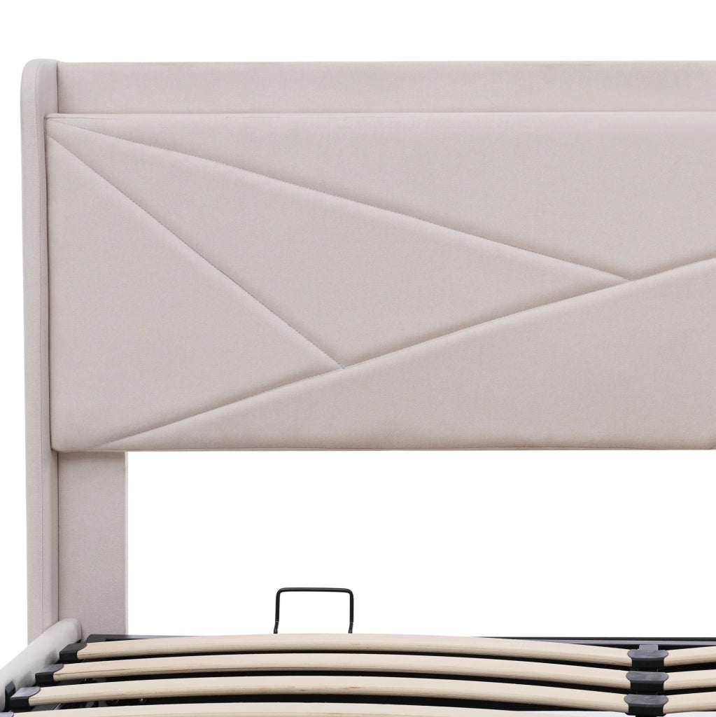 Letto matrimoniale 180x200 cm con contenitore, USB e USB-C in cotone e lino beige