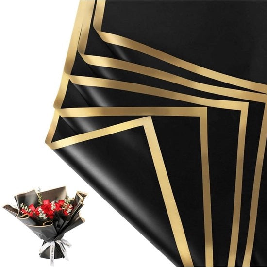 Materiali per fiorista in bouquet - Carta per regalo impermeabile - Bordo dorato - Nero e oro - Carta per confezionamento - Ideale per bouquet - 20 pezzi