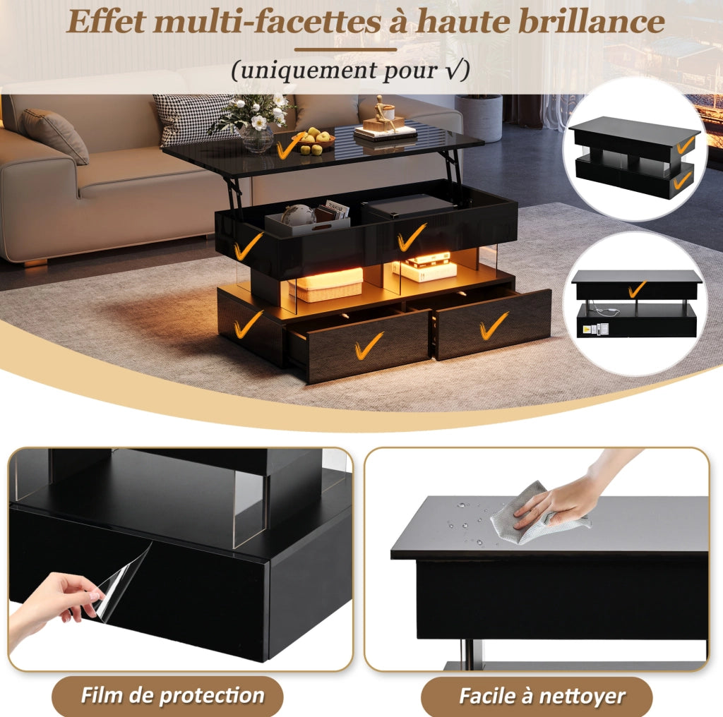Tavolino da caffè nero 100x50x46 cm con piano sollevabile, 2 cassetti e LED controllabile via app