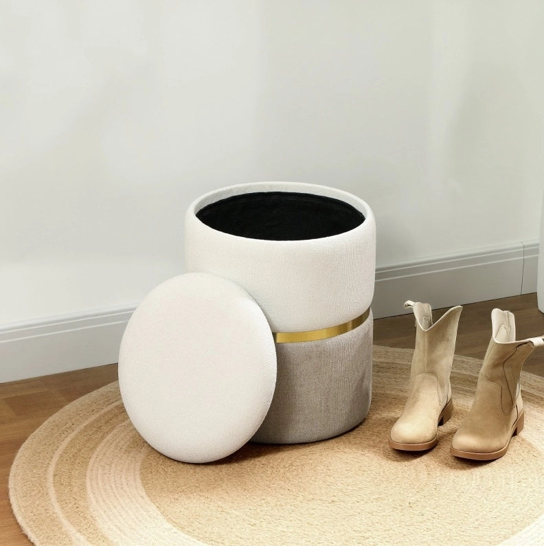 Pouf contenitore con coperchio, design bicolore con anello in metallo, 36 x 36 x 44 cm, crema e bianco