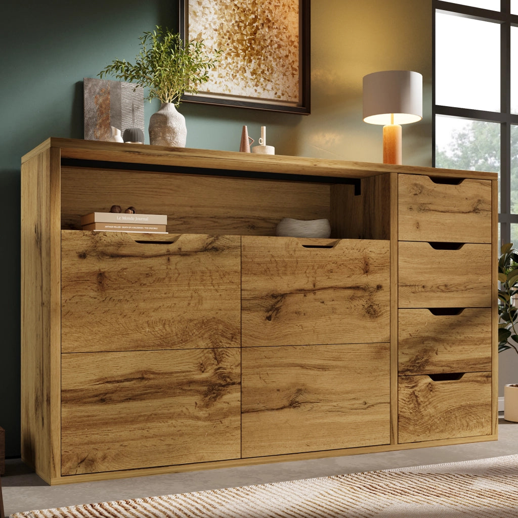 Credenza 150x40x90 cm con 2 ante; 4 cassetti e vano aperto; ripiani regolabili; MDF effetto rovere e metallo
