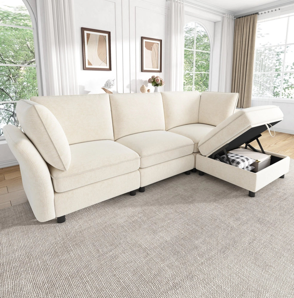 Divano modulare ad angolo a L con pouf contenitore, rivestimento in tessuto chenille beige, 4 posti, struttura in legno massello
