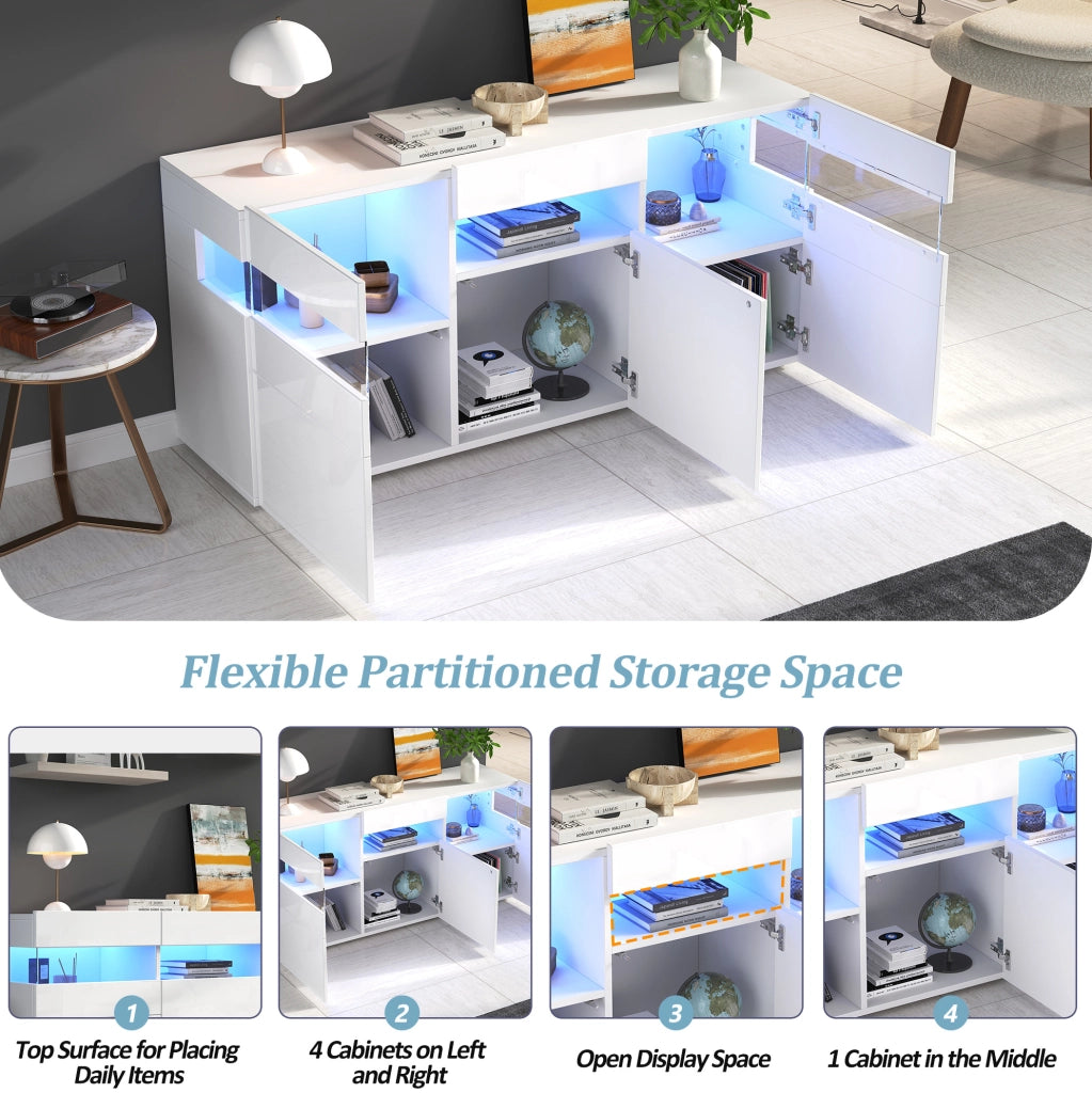 Credenza bianca lucida con LED e 3 ante, 140 cm