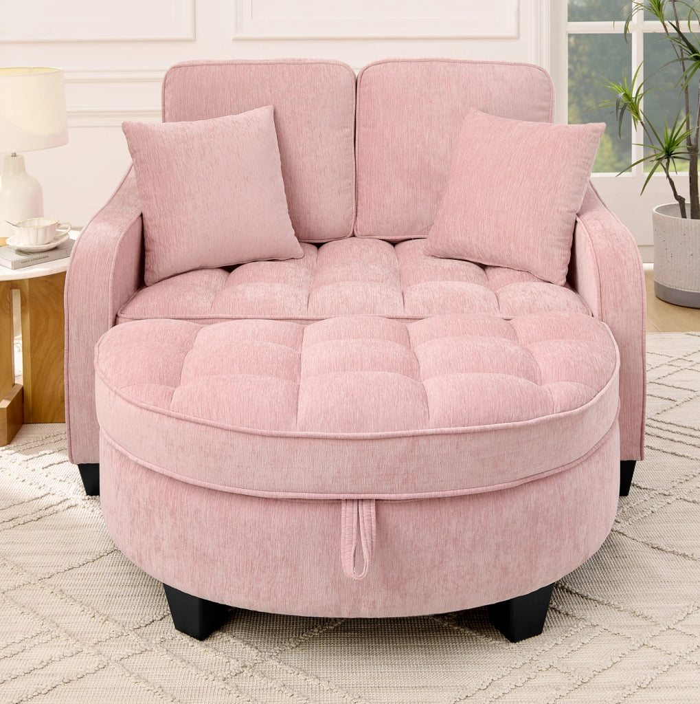 Divano trasformabile in letto e chaise longue con pouf contenitore; eucalipto; rosa