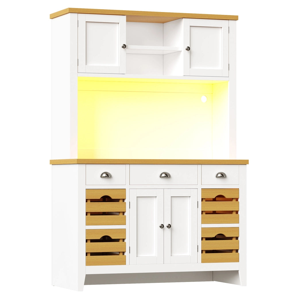 Credenza da cucina alta con ripiani regolabili e 4 cestelli, LED multicolore, in MDF bianco, 120 × 40 × 188 cm