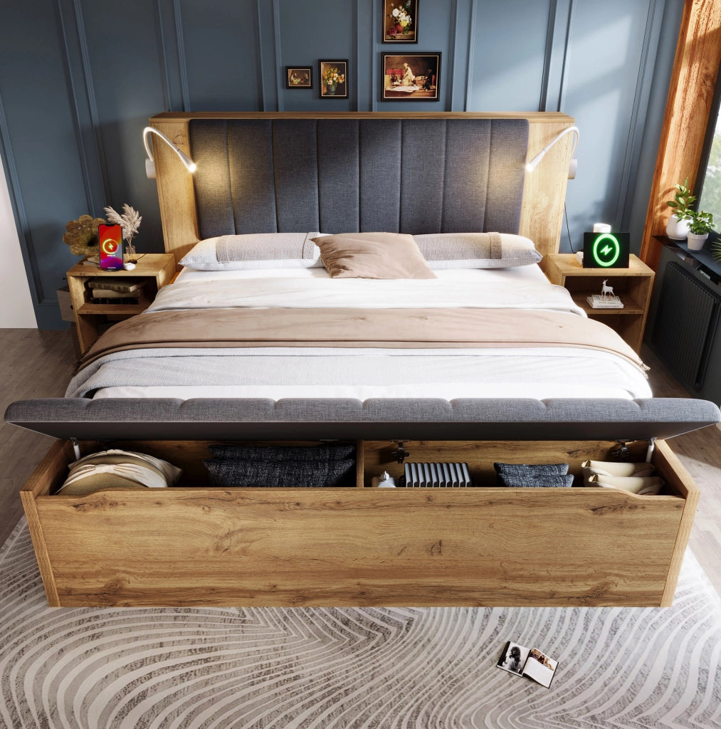 Letto matrimoniale 160x200 cm in legno rovere con testiera reclinabile in lino, due comodini, panca contenitore e luci da lettura USB inclusi con rete e materasso