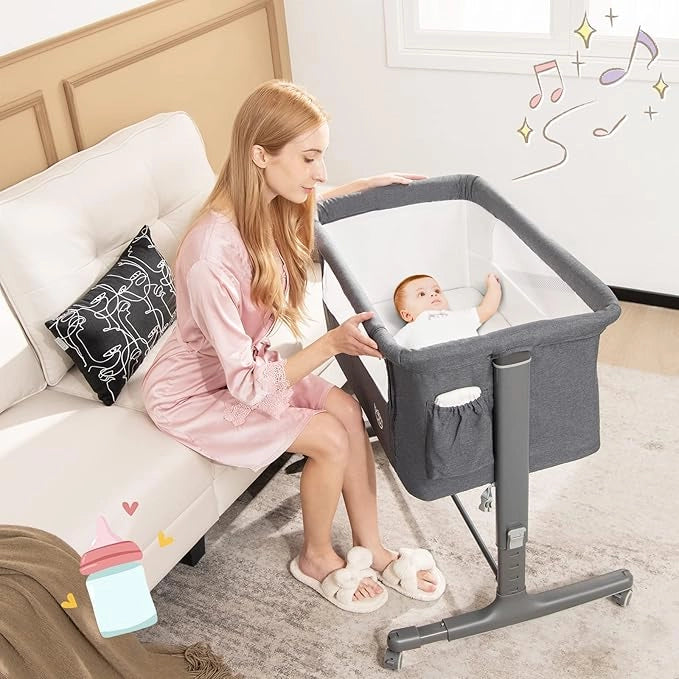 Culla Neonato Fianco Letto 3 in 1, Lettino Dondolo Neonati con Materasso, Culla da Campeggio con Ruote e Borsa, Regolabile In Altezza, Inclinazione di 10°, per Bambini 0-6 Mesi (Grigio Scuro)
