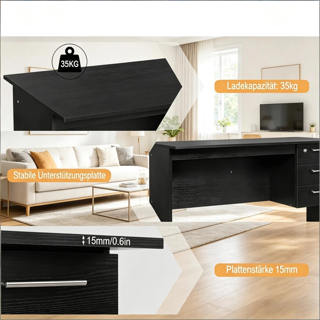 Scrivania dritta con 3 cassetti e serratura, piano ampio per studio e ufficio, in legno nero, 120 × 60 × 75 cm