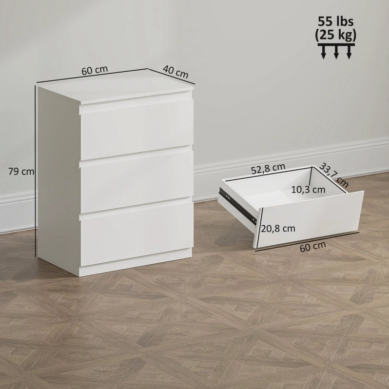 Comò bianco senza maniglie con 3 cassetti in pannello truciolare FSC