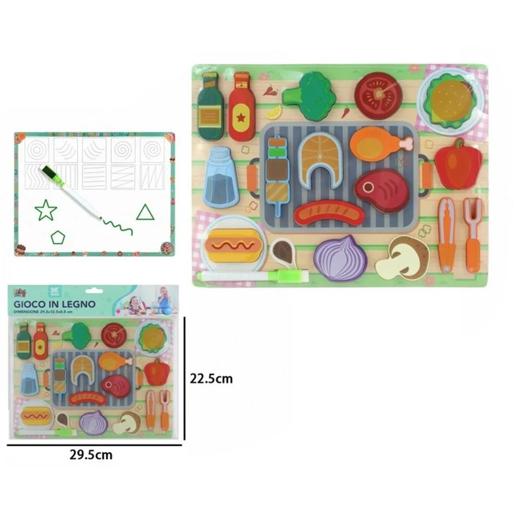 Trade Shop - Set Puzzle Lavagna Gioco In Legno Reversibile Educativo Bambini Tema Barbecue Cucina 32373 -