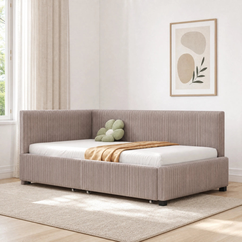 Letto singolo imbottito 90x200 cm con 2 cassetti contenitore, grigio