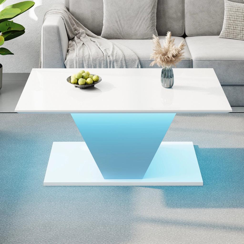 Tavolino da salotto a V con illuminazione LED regolabile e piano lucido, per soggiorno, bianco, 100 × 50 × 46 cm