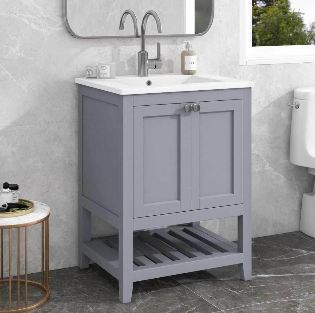 Mobile lavabo da terra con lavabo in ceramica grigio e bianco