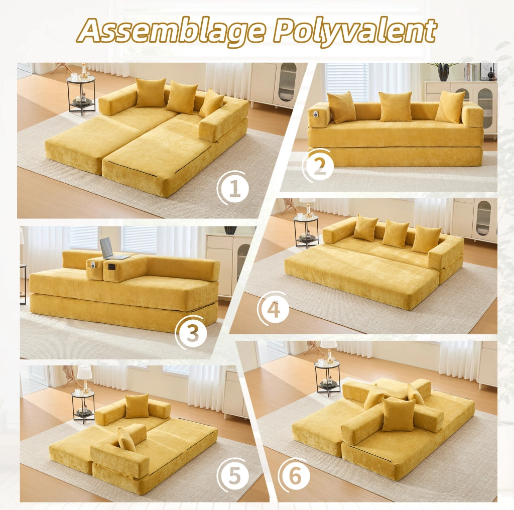 Modulo Divano in Chenille Morbido con Tasche Laterali e Base Antiscivolo 198x79x60 cm