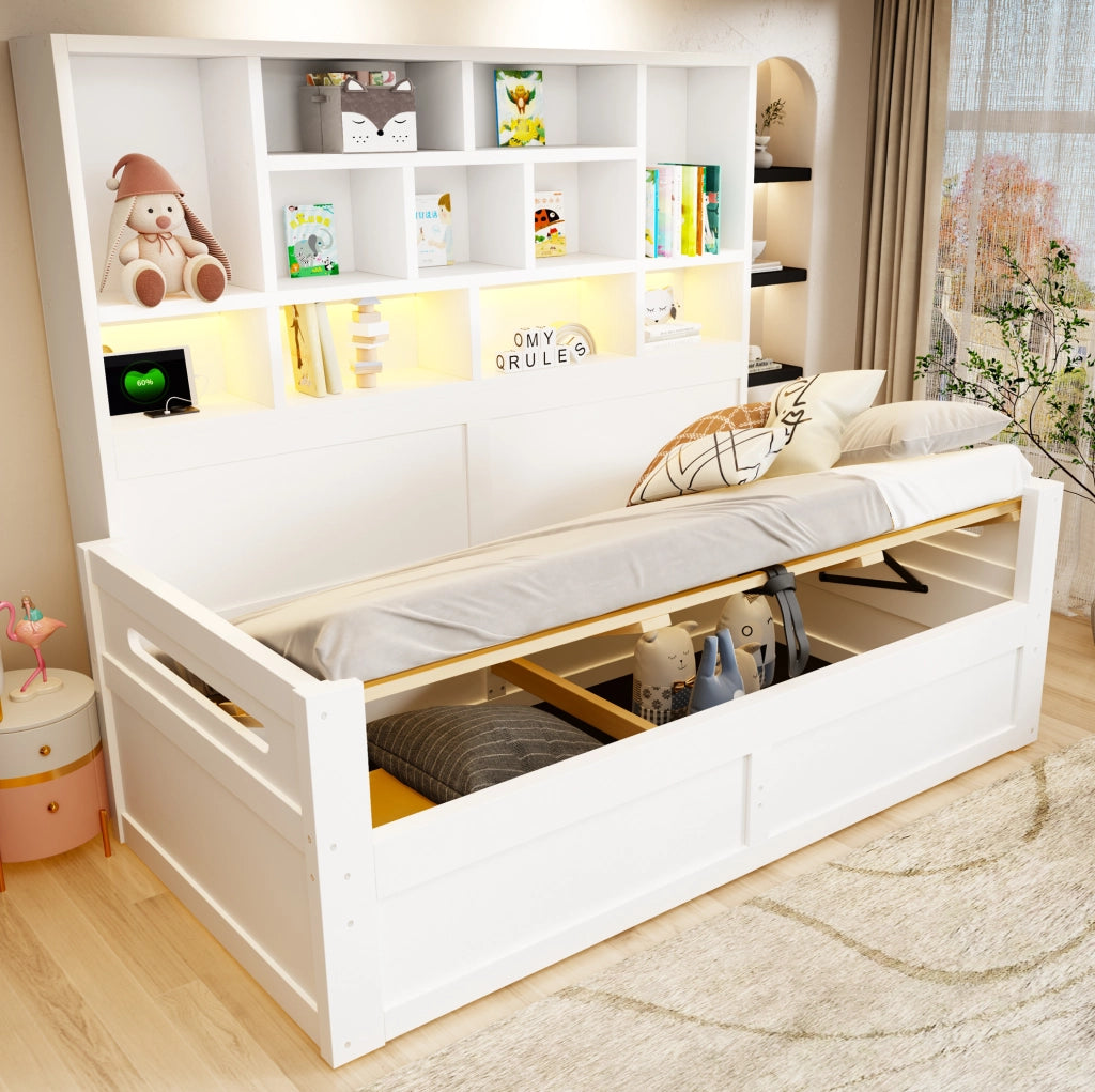 Letto singolo 90x200 cm con vano idraulico; LED e prese; MDF bianco
