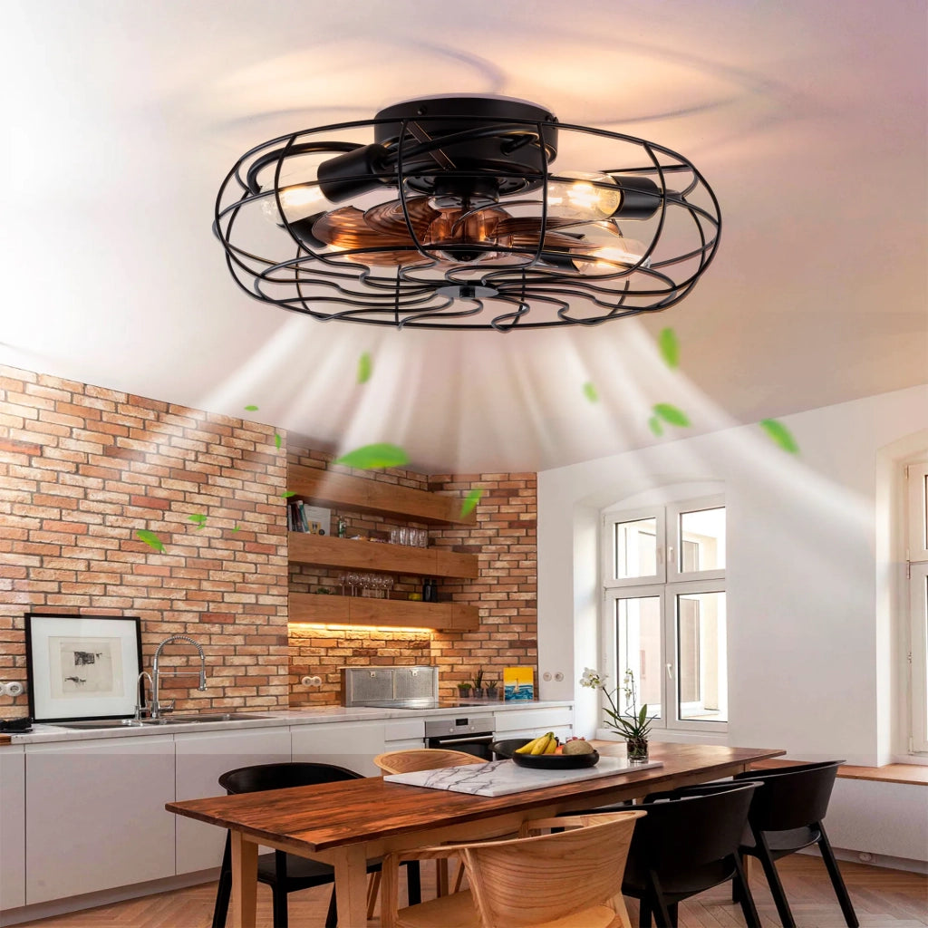Ventilatore da soffitto industriale nero, profilo basso 19 pollici, con luce e telecomando. Motore reversibile a 6 velocità, montaggio a filo. Stile fattoria per ambienti piccoli