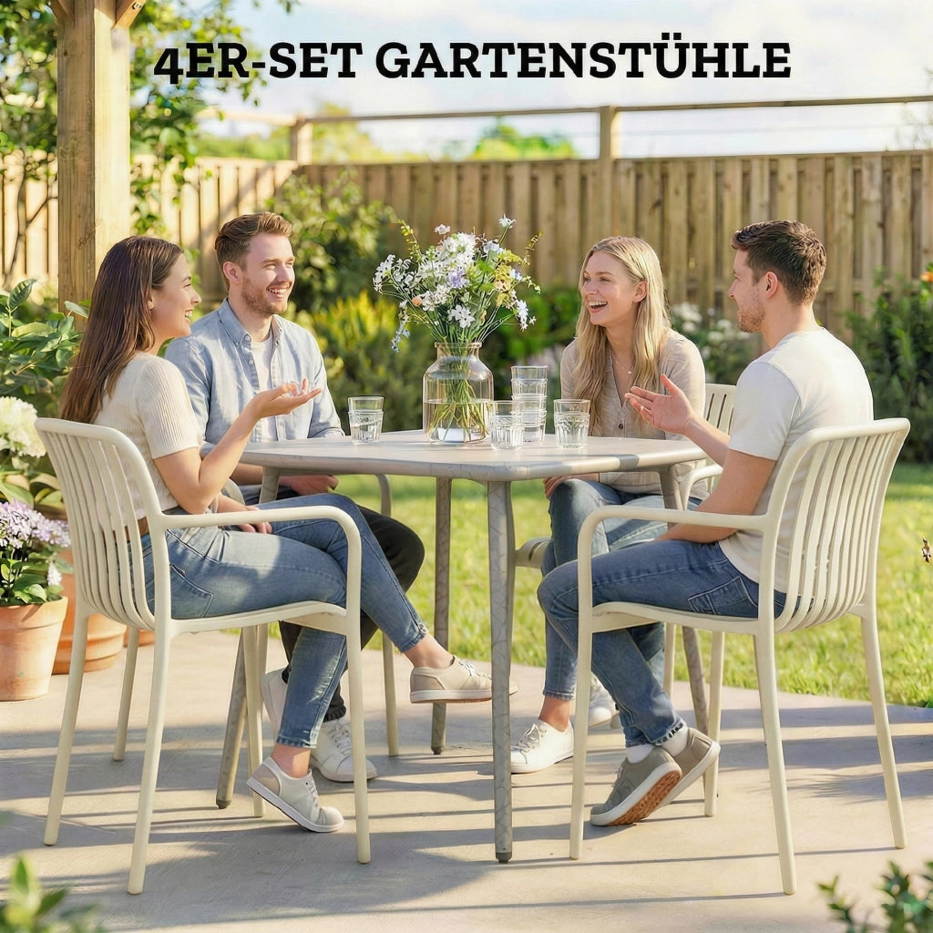 Set 4 Sedie da Giardino Impilabili ¨C Xylo ¨C Design a Lamelle con Braccioli Ergonomico Bianco Crema
