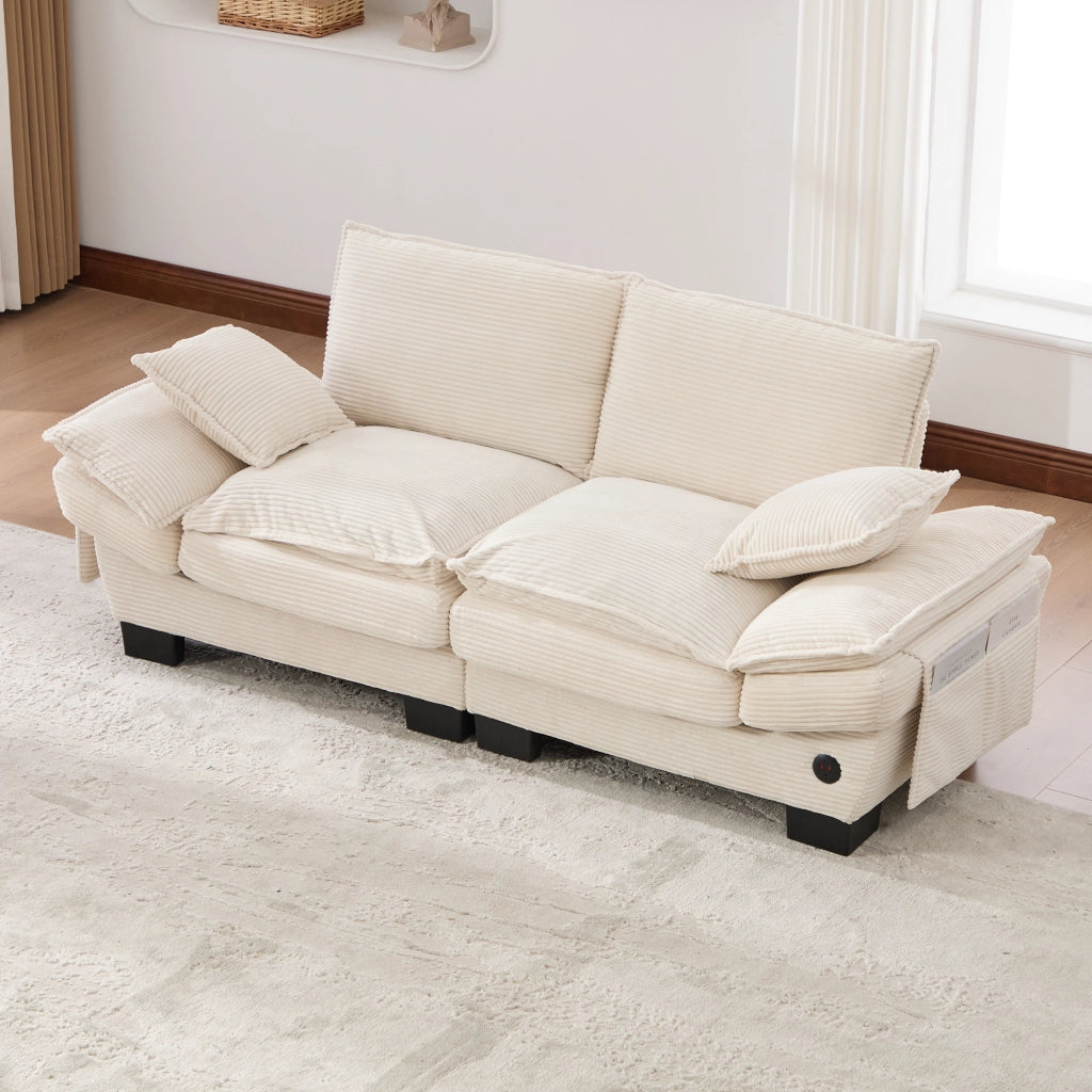Divano Modulare 2 Posti con Cuscini ¨C MINIMAL ¨C Tessuto a Coste, Beige