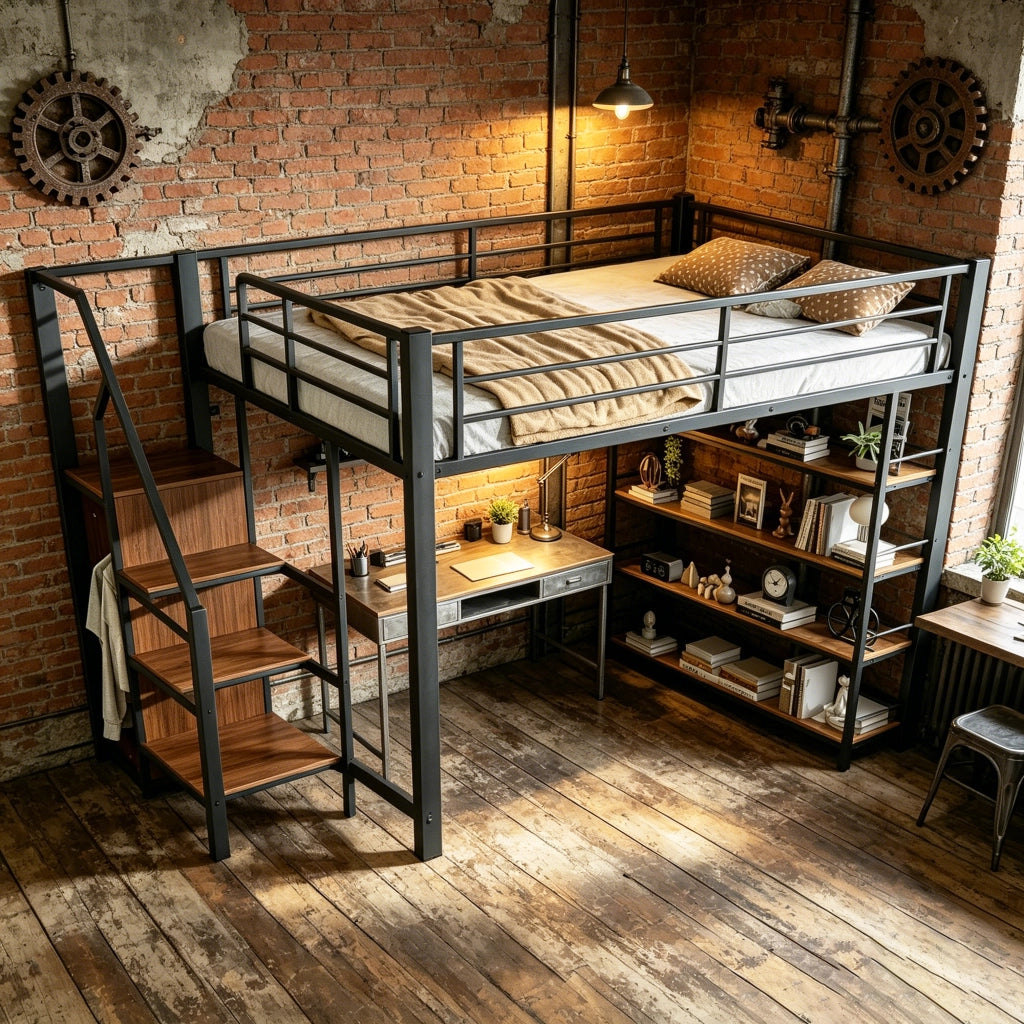 Letto a soppalco 140 × 200 cm con scala contenitore armadio e ripiani in metallo nero