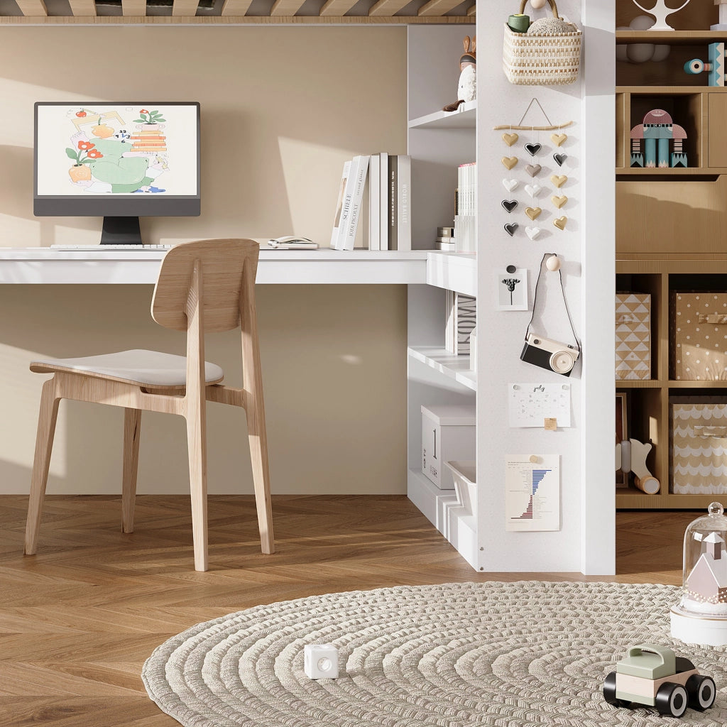 Letto a soppalco per bambini 90 × 200 cm con ripiano scala inclinata a 4 gradini e sponde di sicurezza bianco