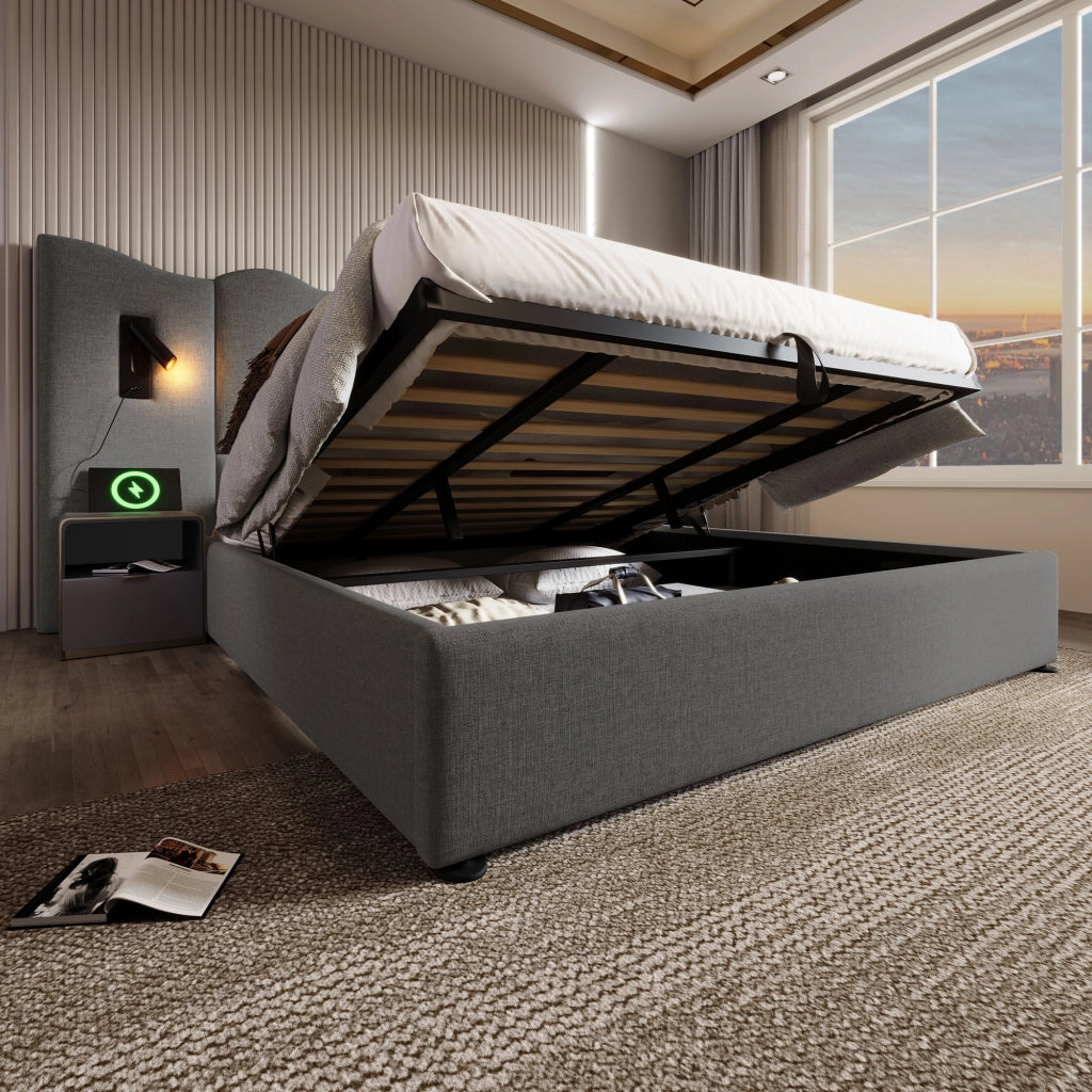 Letto Matrimoniale 180x200 cm Imbottito Contenitore con USB-C; Lino; Grigio