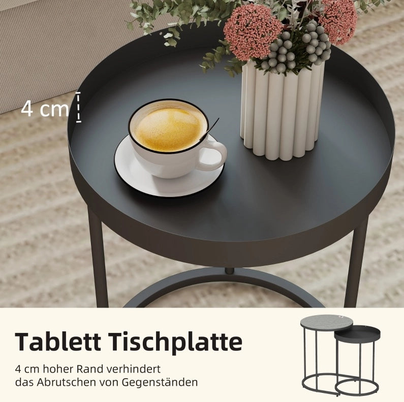 Set di 2 tavolini da salotto impilabili in MDF e metallo grigio, design con bordo alzato