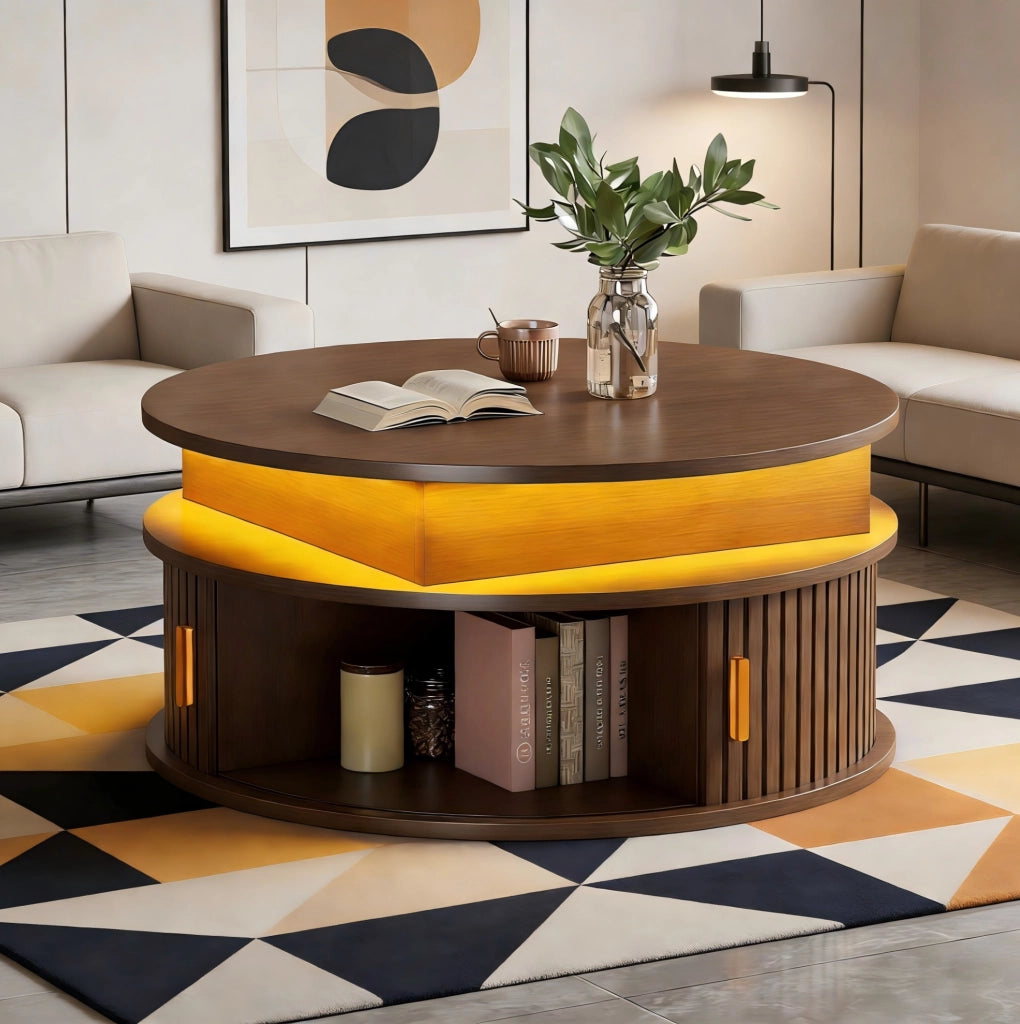 Tavolino rotondo regolabile 75x75x52 cm con LED, vani e porte avvolgibili in MDF noce