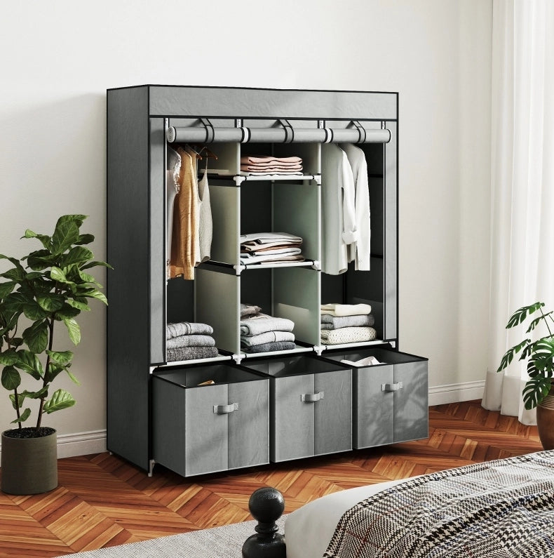 Armadio in tessuto con appendiabiti e cassetti, 125x43x162,5 cm, grigio chiaro