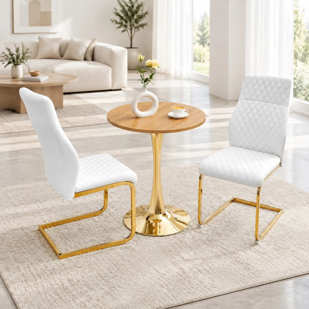 Set tavolo rotondo 60 cm bianco e oro; MDF con 2 sedie in similpelle