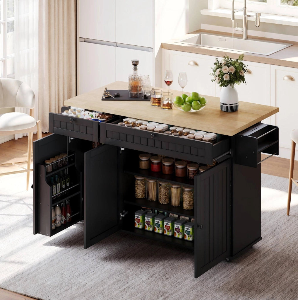 Isola da cucina mobile 137x70x89;5 cm con piano pieghevole in MDF nero e naturale