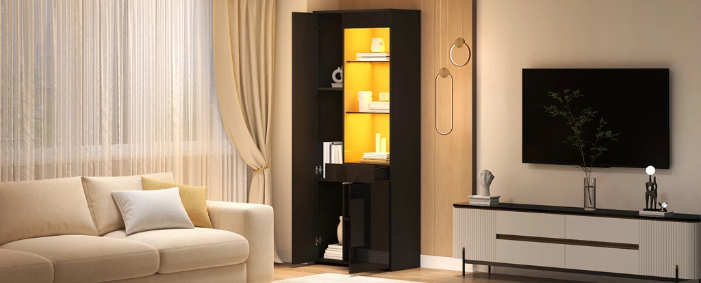 Vetrina nera in pannelli truciolari 70x35x180 cm con LED, due ante, cassetto e ripiani in vetro temperato