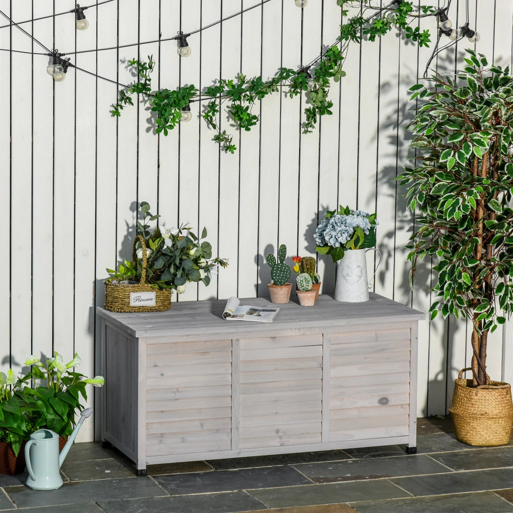 Panca contenitore da giardino in legno grigio chiaro con coperchio sollevabile e ventilazione 60 × 127 × 56 cm