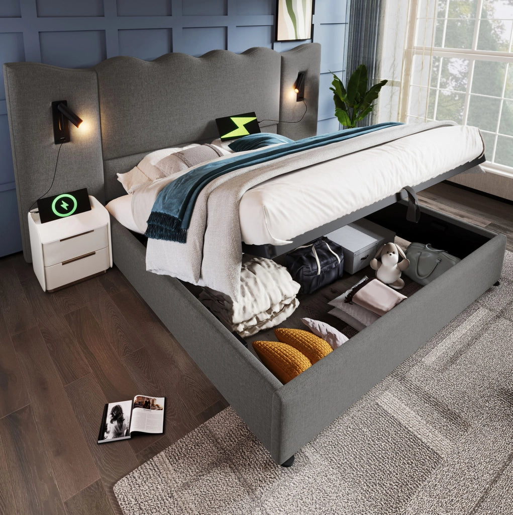Letto matrimoniale 180x200 con LED, USB-C e vano contenitore